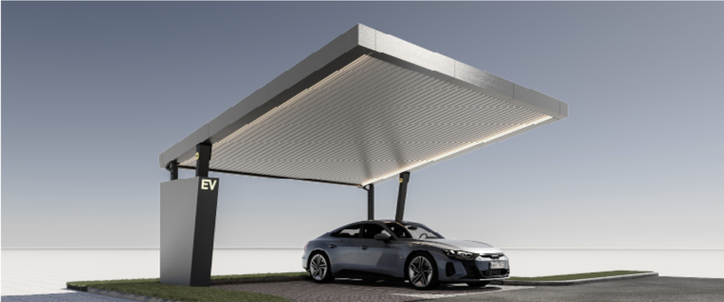 Moderner Solar-Carport mit integrierten Photovoltaikmodulen und Elektroauto-Ladestation