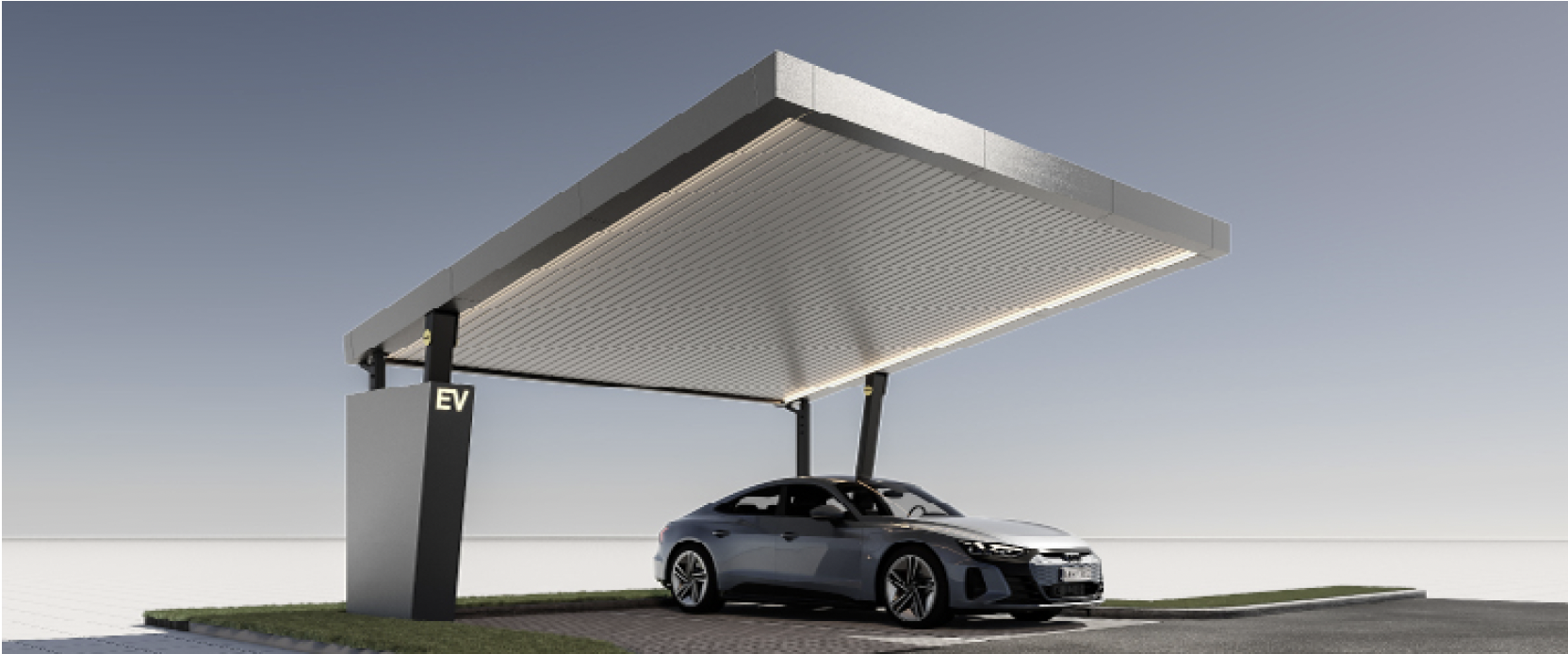 Moderner Solar-Carport mit integrierten Photovoltaikmodulen und Elektroauto-Ladestation